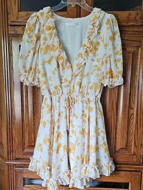 Saints + Secrets Brand Cream and Mustard Floral Ruffle Dress